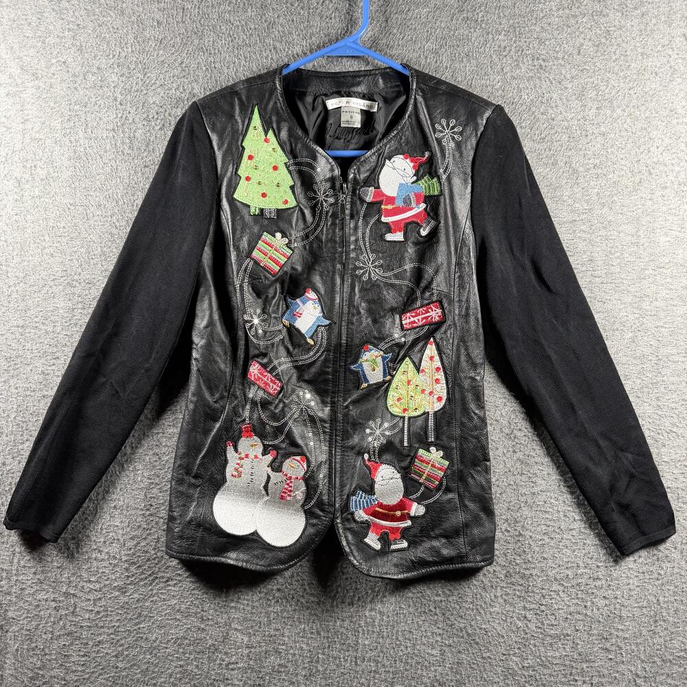 Peter Nygard Jacket Womens Petites Small Black Leather Knit Christmas Holiday